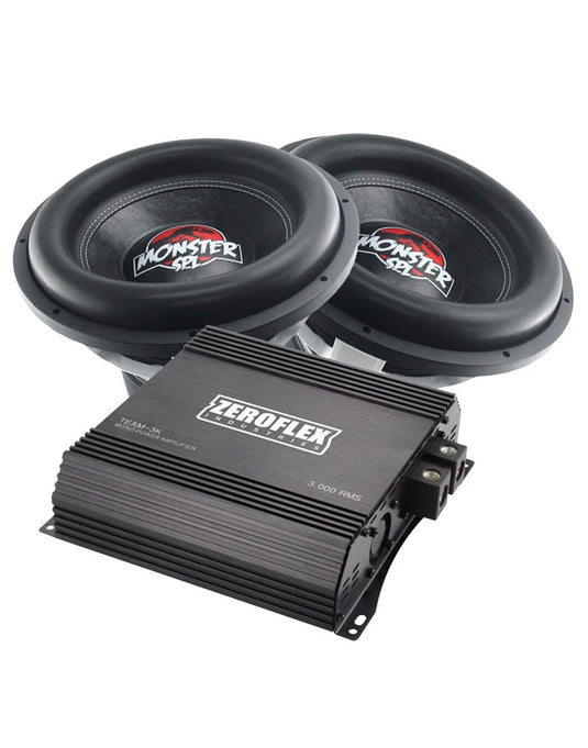 Zeroflex TREX151 15-Inch MONSTER 1650RMS SPL DVC 1 Ohm Car Subwoofer (2 Subs) + Zeroflex Team -3K 1 X 300RMS Mono Amplifier With Bass Controller (Bundle Deal)