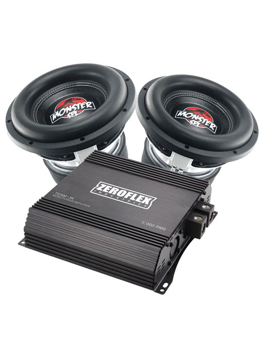 Zeroflex TREX124 12-Inch 1650RMS 4 Ohm Car Subwoofer (2 Subs) + Team -3K 1 X 3000RMS Mono Amplifier With Bass Controller (Bundle Deal)