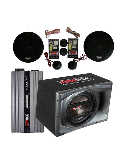 Zeroflex EFX-12P-12inch Car Subwoofer 400RMS (Loaded Enclosure) +  FLX400.4 4 X 100W @ 4 ohm 4 Channel Amplifier + Speakers EFX65C 6.5" Components with Silk Dome Tweeter (Bundle Deal)