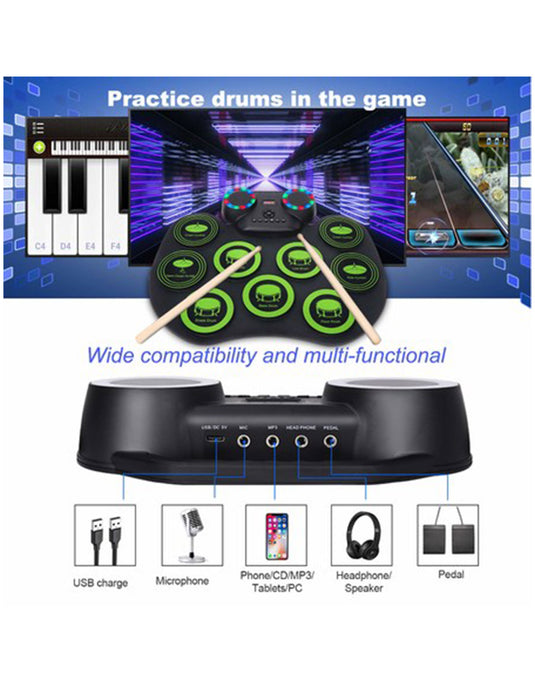 Electronic Drum Practice Pad with Built-in Dual Speakers and LED lights