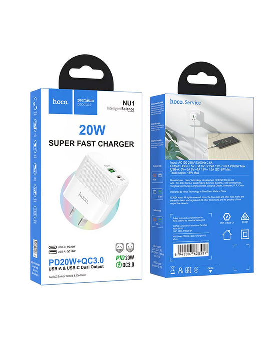 HOCO 20W Super Fast Charger w/ USB-C & USB-A (NU1)