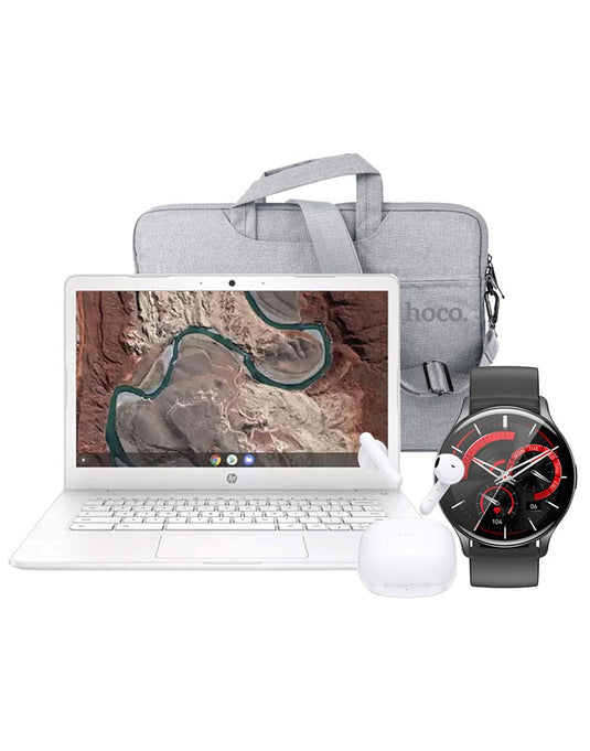 HP 11A G8EE (2020) 11.6-inch AMD A4 4GB 32GB Education Chromebook (Good-Pre-Owned) + Hoco Laptop Bag 14-inch + Hoco Smart Watch (Y15) + TCL Move S150 Wireless Earbuds  (Bundle Deal)