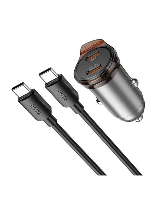 Hoco 45W Dual USB C Super Fast Car Charger w/ Mini Size, C to C Cable Included (NZ16B)