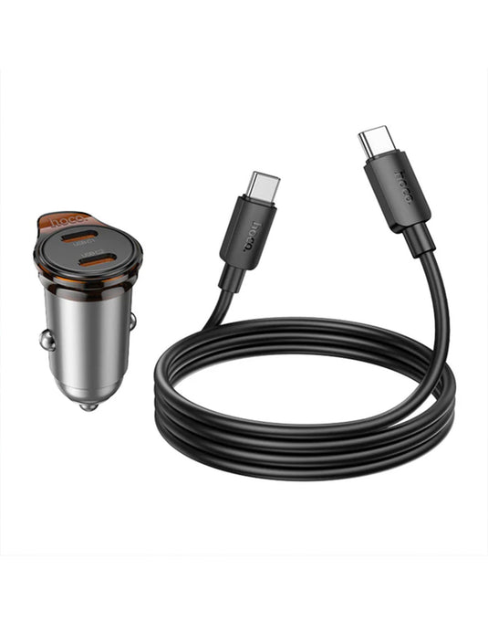 Hoco 45W Dual USB C Super Fast Car Charger w/ Mini Size, C to C Cable Included (NZ16B)