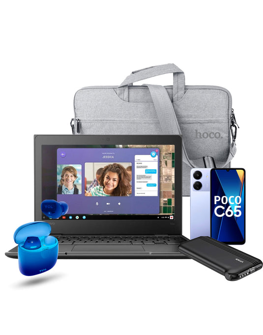 Lenovo 100E 11.6-inch intel N3350 Gen-1 4GB 32GB Chromebook (Very Good-Pre-Owned) + Xiaomi Poco C65 6GB 128GB 4G (Brand New) + Hoco Laptop Bag + TCL Wireless SOCL500TWS Earbuds + Vip Fan Power Bank (F10) (Bundle Deal)