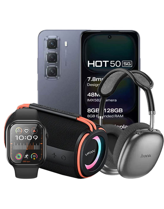 Infinix Hot 50 8GB 256GB 5G Dual Sim Smart Phone (Brand New) + Hoco Smart Watch (Y23) + Hoco Premium Bluetooth Headset (W55 PLUS) + VFAN (BS07) Bluetooth Speaker (Bundle Deal)