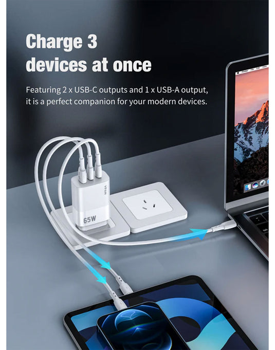 VFan AU7 Ultra Fast Charger 65W 2X USB-C & 1X USB-A (For Laptop/Macbook)