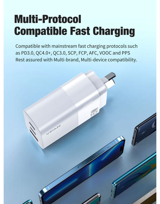 VFan AU7 Ultra Fast Charger 65W 2X USB-C & 1X USB-A (For Laptop/Macbook)