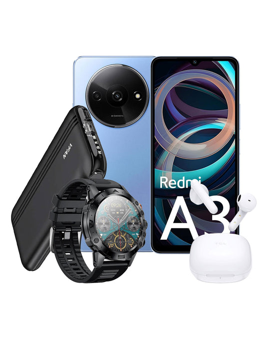 Xiaomi Redmi A3 (2024) 4GB 128GB 4G Smart Phone (Brand New) + TCL Move Audio S150 Wireless Earbuds (Brand New) + Hoco Smart Sports Watch (Y20) + Vip Fan Power Bank 2 USB, 4 Built in Cables 10000mAh (F10) (Bundle Deal)