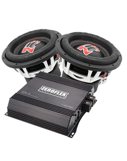 Zeroflex EVO-12 12" 1500W RMS Car Subwoofer X2 + Zeroflex Team-3K 3000RMS Mono Amplifier (Bundle Deal)