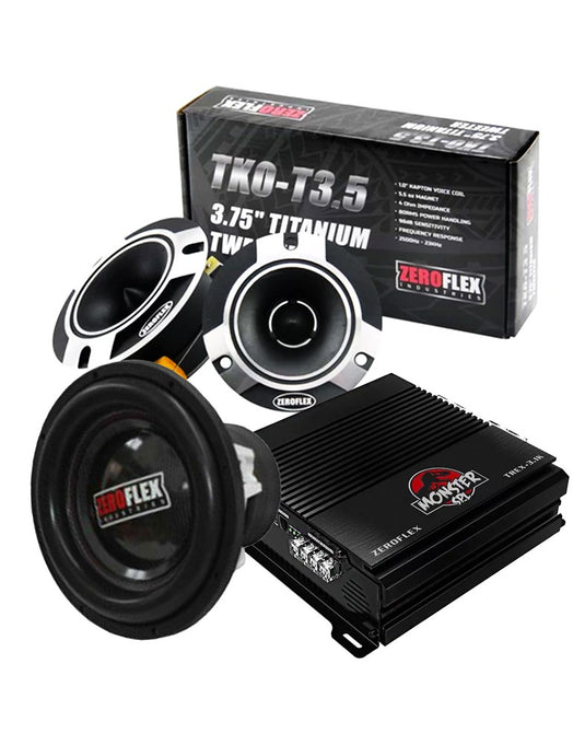 Zeroflex EVO-12 12" 1500W RMS Car Subwoofer + TREX-3.1K 1 x 3300rms @ 1ohm mono amplifier + Free Bass Controller + TKO-T3.5 3.5" Titanium Super Car Tweeters (Pair) (Combo Pack)