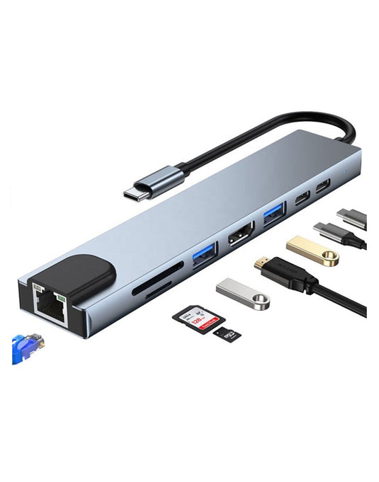 Multifunction 8 in 1 USB C Hub -1xRJ45 1xHDM1 1xSD Slot 1xTF Slot 1xUSB3.0 1xUSB2.0 1xPD Port 1xUSB C AD-037 - TechCrazy