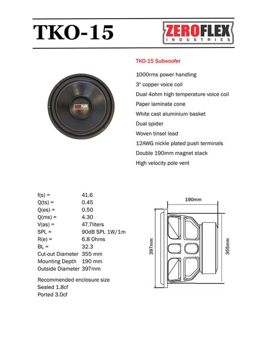 Specification of  Zeroflex TKO-15 Sub 15" 1000RMS Car Subwoofers (Dual) 